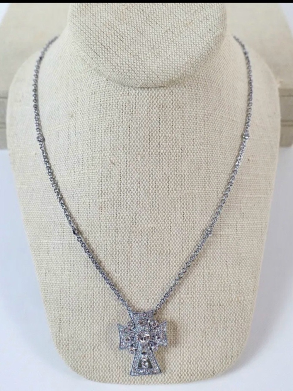 Joan Boyce Statement CZ Cross Pendant Silver Tone 21” Adjustable Necklace